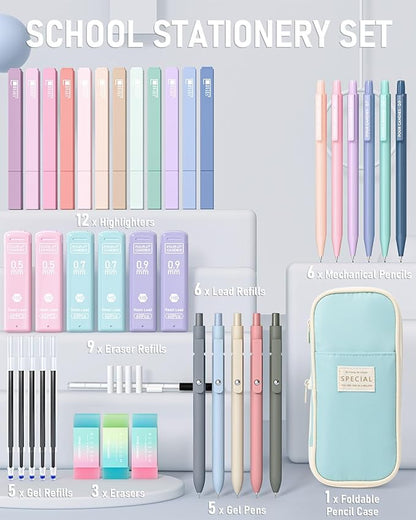 Four Candies 39 PCS Aesthetic School Supplies with Cute Pen Case, 12 Pastel Highlighters, 5 Black Ink Gel Pens, 6 Mechanical Pencils Set 0.5 & 0.7mm for Students Stationary College Essentials (Blue)
