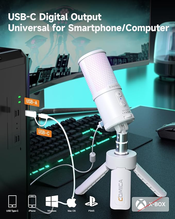 COMICA Ejoy UNI S USB Gaming Microphone for PC, RGB Cardioid Condenser Mic with Tripod Stand, 48kHz/24bit, Noise Cancellation, Streaming Mic for Recording, Podcast, Twitch, Discord, Computer, PS5, PS4