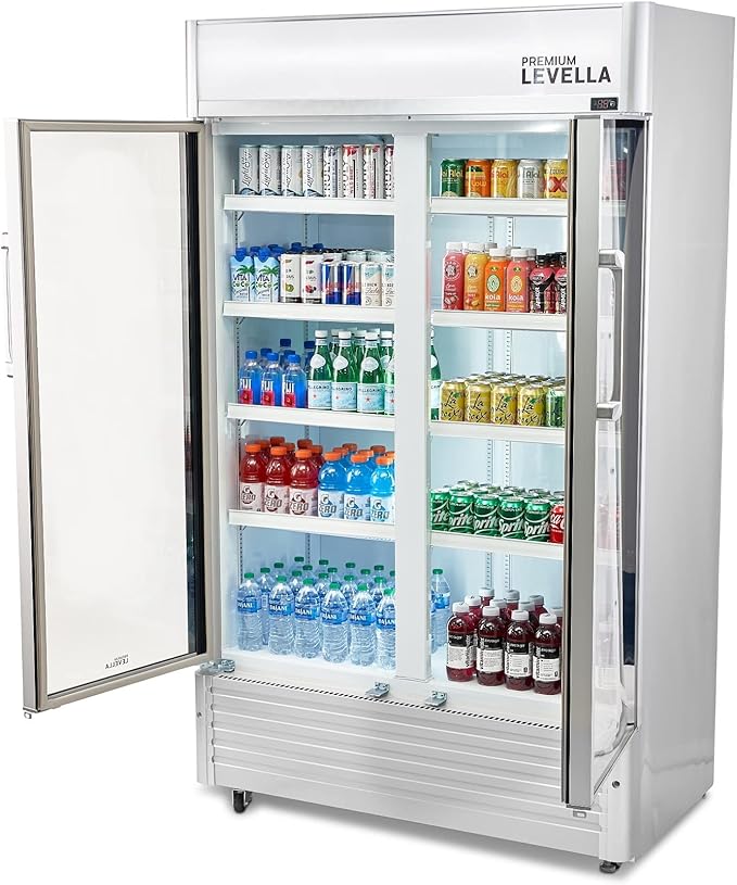 PremiumLevella PRN290DX Glass Door Display Refrigerator 29 cu ft Commercial Beverage Cooler Merchandiser With Customizable Lightbox - Silver