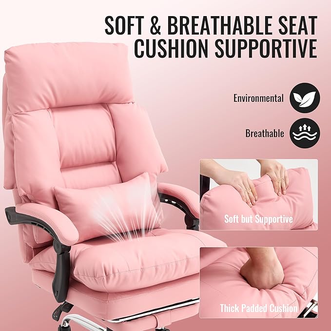 Pink Office Chair with Footrest 500lbs,Reclining Leather Computer Chair for Heavy People, Big and Tall Comfy Executive Desk Chair with Lumbar Support & Pillow,High Back