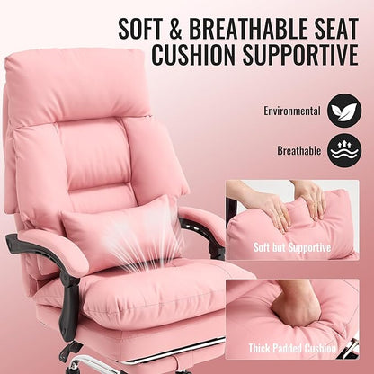 Pink Office Chair with Footrest 500lbs,Reclining Leather Computer Chair for Heavy People, Big and Tall Comfy Executive Desk Chair with Lumbar Support & Pillow,High Back