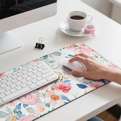 Watercolor Pink Flower Patterns Desk Mat, Large Gaming Mouse Pad Non-Slip Rubber Base with Stitched Edges, Waterproof Protection for PC Laptop Home Office Desk Decor (31.5x15.7in)