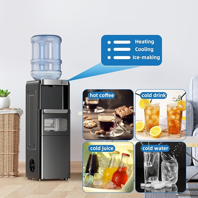 Antarctic Star 3-in-1 Hot and Cold Water Cooler Dispenser with Built-in Ice Maker, for 3 to 5 Gallon Bottle Water Dispenser，with Child Safety Lock，Black