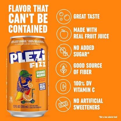 PLEZi FiZZ Orange Mango Sparkling Juice - Healthy Soda Alternative with Real Fruit Juice, No Added Sugar - Low Sugar Sparkling Drink - Good Source of Fiber, 12 Fl Oz (12 Pack)