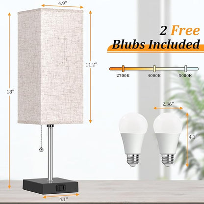 Table Lamp for Bedroom set of 2,3-Color Bedside Lamps with Pull Chain Table Lamps for Nightstand with AC Outlets,18'' Night Light Lamps with 2 Bulb Lamps for Living Room Kids Office Decor（Black+Cream）