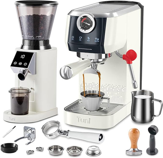 Tuni E2 58mm Dual Boiler Espresso Machine and G1 Ivory 48 Grinding Settings Conical Burr Coffee Grinder with Bottomless Portalfilter Combo (E2 with Upgrade Kit)