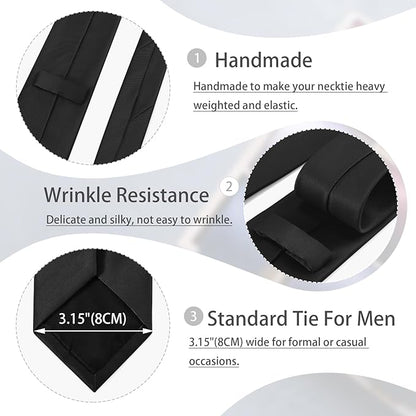 Black Tie Set in Gift Box Mens Solid Color 3.15" (8CM) Black Necktie and Pocket Square Set