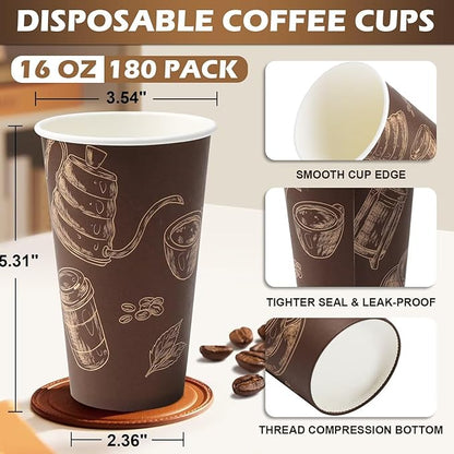 Paper Cups 16 oz 180 Pack, Disposable Coffee Cups, Dispoable Paper Drinking Cup for Coffee, Hot Cups for Party, Picnic, Travel, and Events