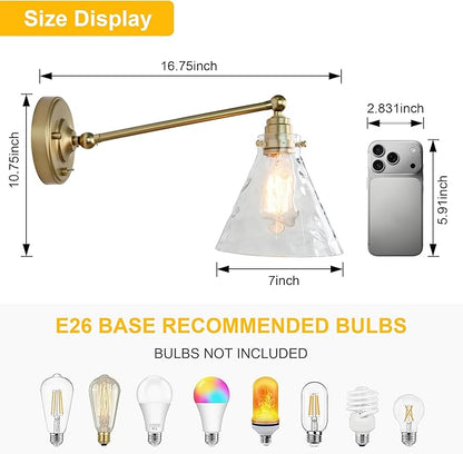 Industrial Vintage Slope Pole Wall Mount Single Sconce with Funnel Flared Clear Glass Shade, Swing Arm Wall Sconce Light Lamp Fixture Hardwired