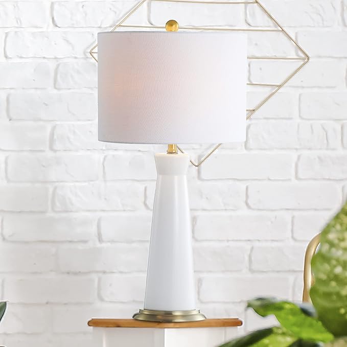 JONATHAN Y JYL3046B Hartley 29" Ceramic Column LED Table Lamp Contemporary Transitional Bedside Desk Nightstand Lamp for Bedroom Living Room Office College Bookcase, White/Brass Gold