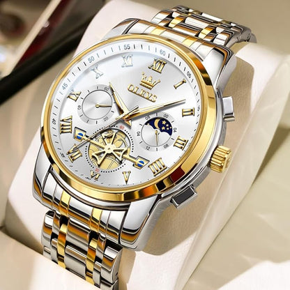 OLEVS Watches Men Waterproof Luxury Big Face Mens Watch Stainless Steel Quartz Analog Dress Watches for Men Luminous Multifunction Man Watch Relojes De Hombre