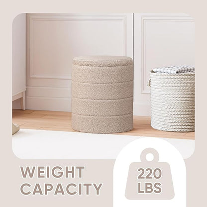 PINPLUS Round Storage Ottoman Foot Rest Stool with Tray Velvet Sherpa Folding Storage Ottoman,Boucle Foot Rest for Living Room, Bedroom, Dorm（Beige）