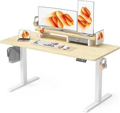 55x24 Inches Electric Standing Desk with Drawer and Monitor Stand, Height Adjustable Stand up Desk for Home Office, Ergonomic Sit to Stand Table with Phone Holder, 3 Hooks, Oak
