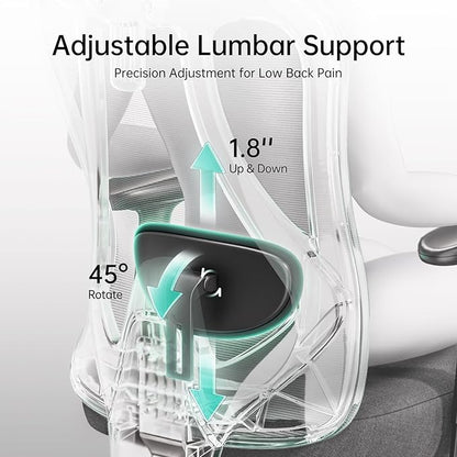 Hbada P3 Ergonnomic Office Chair with 2D Adjustable Lumbar Support, Office Chair with Adjustable Headrest and Armrest, 145° Stepless Tilt Function, Grey(No Footrest)