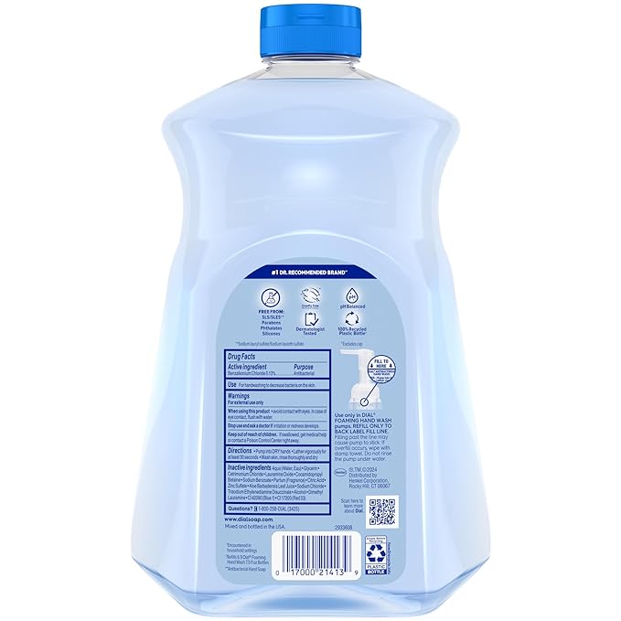 Dial Antibacterial Defense Foaming Hand Soap + Aloe, Spring Water Scent, 52 Fl Oz Hand Soap Refill, Dermatologist-Tested, Gentle on Skin