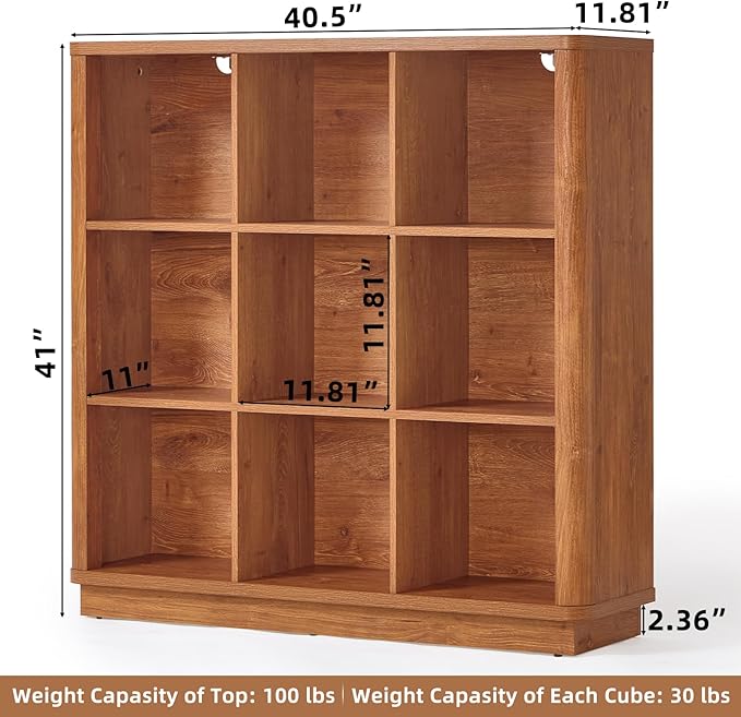 9 Cube Storage Book Shelf, 40" Tall Organizer Bookshelf with Curved Edge, Wood Floor Standing 3-Tier Cubby Bookcase with Base, Country Rustic Display Book Case for Library, Office, Orange Oak