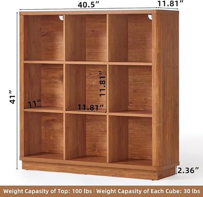9 Cube Storage Book Shelf, 40" Tall Organizer Bookshelf with Curved Edge, Wood Floor Standing 3-Tier Cubby Bookcase with Base, Country Rustic Display Book Case for Library, Office, Orange Oak