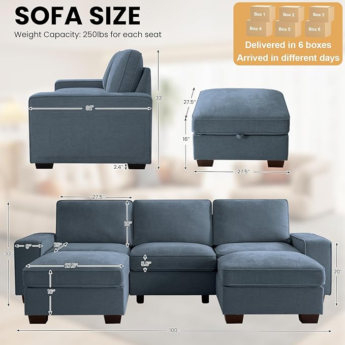 TEKAMON 100" Modular Sectional Sofa with Seats Storage, U Shaped Couch with Movable Ottomans, Chenille Fabric Couch for Living Room,Removable Cover(Blue, 3 Seater & 2 Ottomans- U Shape)