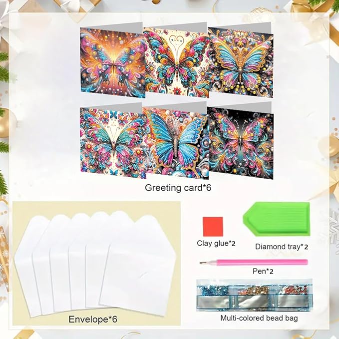 6pcs DIY Butterfly Diamond Art Painting Greeting Cards Kit, Rhinestone Art Holiday Birthday Card Set with Envelopes, DIY Festival Craft for Girlfriend, Christmas Valentine Gift Making Supplies