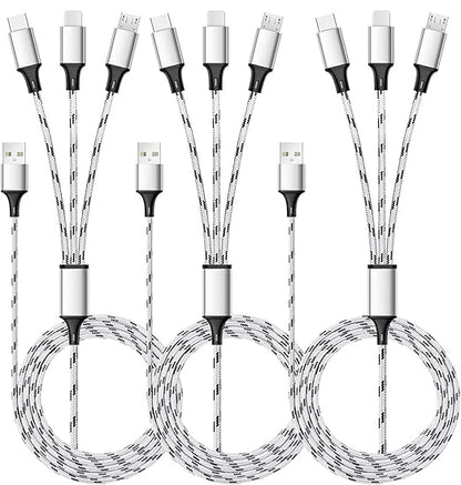Multi Charging Cable, 5ft 3Pack Multi Charger Cable Nylon Braided Multiple USB Universal 3 in 1 Charging Cord Adapter with Type-C, Micro USB Port Connectors for Cell Phones and More