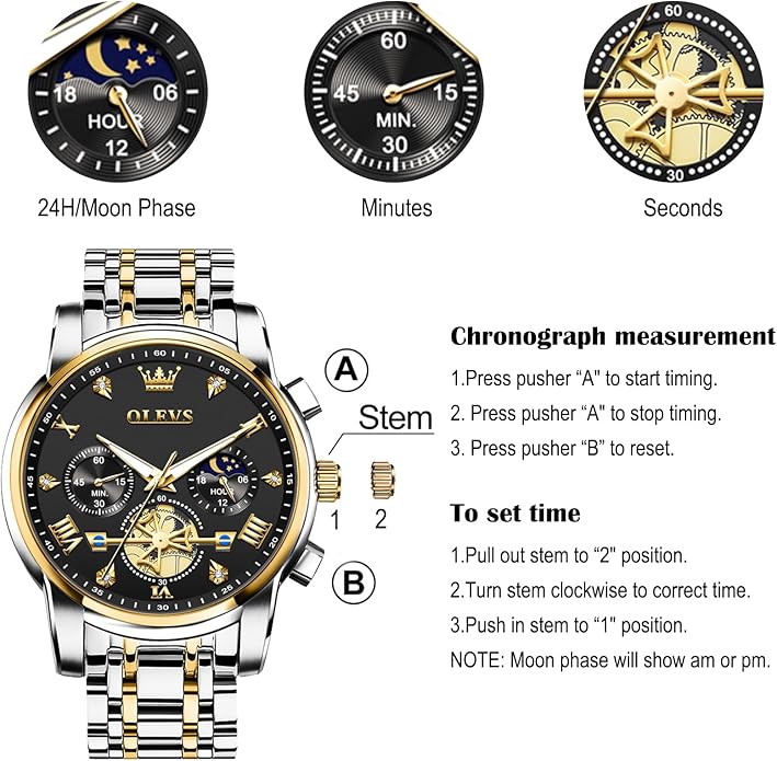 OLEVS Men Watches Stainless Steel Chronograph Watch, Large Wrist Analog Quartz Watch, Fashion Waterproof Diamond Roman Numerals Dress Watches for Men, Gold/Black/White/Blue/Grey Dial