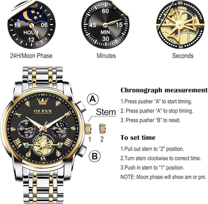 OLEVS Men Watches Stainless Steel Chronograph Watch, Large Wrist Analog Quartz Watch, Fashion Waterproof Diamond Roman Numerals Dress Watches for Men, Gold/Black/White/Blue/Grey Dial