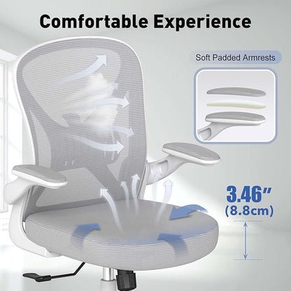 ZZH Ergonomic Office Chair with Adjustable Lumbar Support, Mesh Home Office Desk Chair with Wheels and Flip-up Arms, Grey