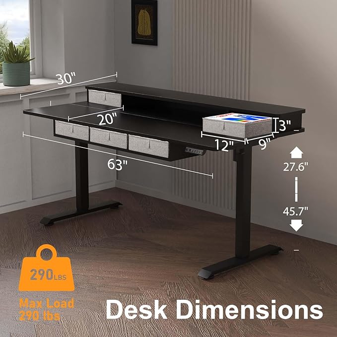 XINYAO Standing Desk with 5 Drawers, 63 x 30 Inch Electric Height Adjustable Stand Up Desk, Ergonomic Table with Storage Larger Desktop, Computer Workstations