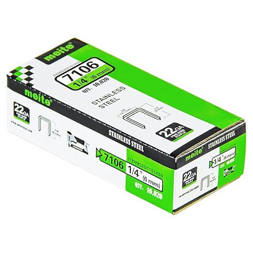 meite 71/06 22 Gauge 304 Stainless Steel Upholstery Staples, 3/8-Inch Crown with 1/4-Inch Leg Length, Heavy Duty Staples for Construction, Furniture, Crafts & DIY Projects (1 Box)