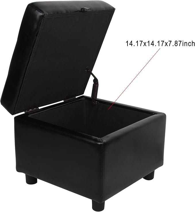 H&B Luxuries Tufted Leather Square Flip Top Storage Ottoman Cube Foot Rest (Black)