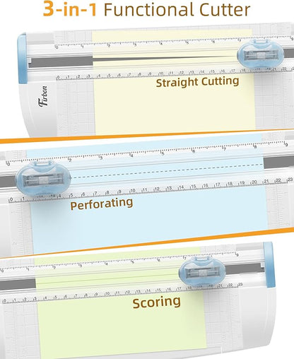 Firbon 3-in-1 Paper Cutter, 9" Compact A5 Paper Trimmer with Straight Cut, Scoring & Perforating Blades for Cardstock, Scrapbooking, Crafting, Labels & Home Office (Blue)