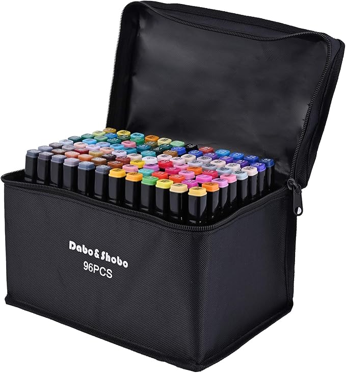 Dabo&Shobo 96 Color Alcohol Marker Pen, Bright Permanent Markers For Coloring, Markers For Adults Coloring Book, Wide Chisel And Fine Tip, Dual Tip Design Equipped with Black Suitcase