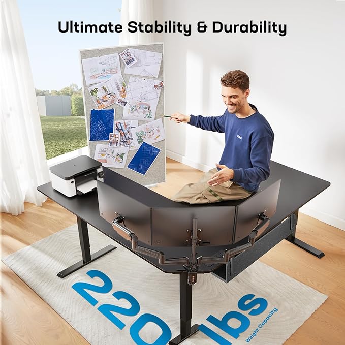 HUANUO Electric L Shaped Standing Desk, 63" x 63" Height Adjustable Corner Standing Desk with Built-in Power Outlets & Power Strip Holder, Sit Stand Up Table with 3 Preset Heights, Black