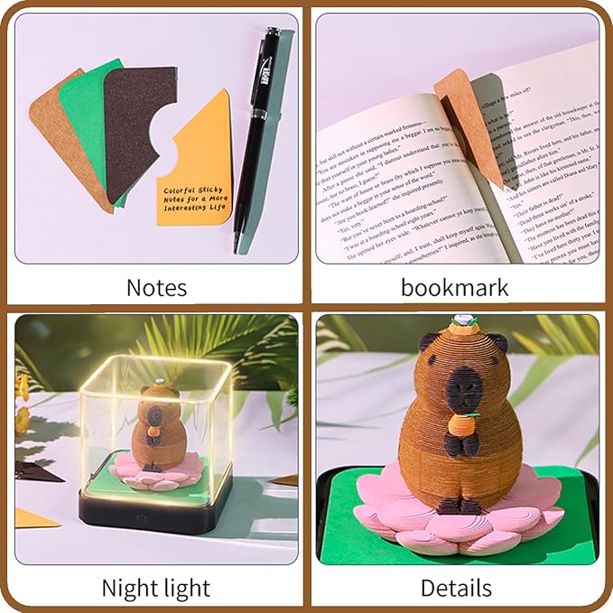 3D Time Piece Calendar 2026 DIY Calendars Tear Away Carving Art 3D Memo Pad Calendar With LED Lights sculpture artsy pads calendar notepad for Desktop Decor-Capybara