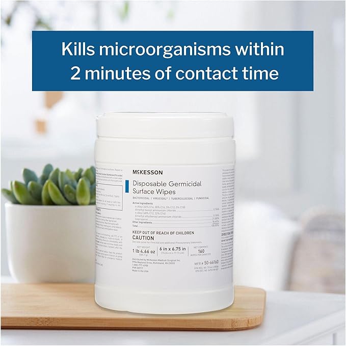 McKesson Germicidal Wipes [800 Count] Disinfecting Wipes, Alcohol Cleaning Disinfectant Wipes, Hospital Grade Multi-Surface Wipes, 160 Wipes, 5 Pack