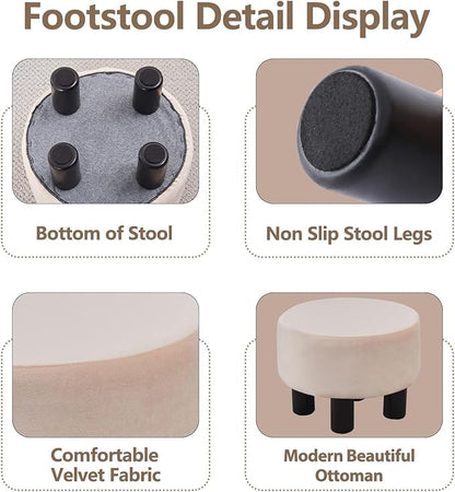 Cpintltr Velvet Ottoman Foot Stool Round Footstool for Couch Desk Soft Step Stool Padded Foot Rest with Non-Skid Pine Legs Multiple Colors Furniture for Hallway Office Lounge (Champagne)