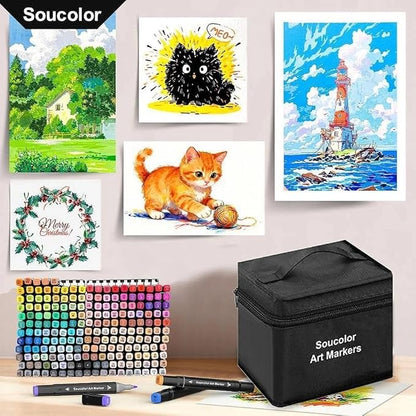 Soucolor Alcohol Markers 100 Colors with Case & Holders, Dual Tips Chisel & Fine Art Markers for Adult Coloring Kids Drawing, Artist Markers Art Supplies for Blending Sketching