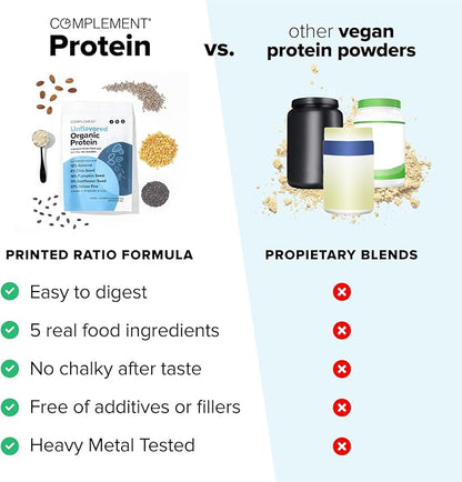 Complement Organic Unflavored Vegan Protein Powder (15 Servings) Low Carb, Low Calorie, Sugar Free, Soy Free, Non-GMO, Gluten Free, Non Dairy- Yellow Pea, Pumpkin Seed- 15g Plant Based Protein Powder