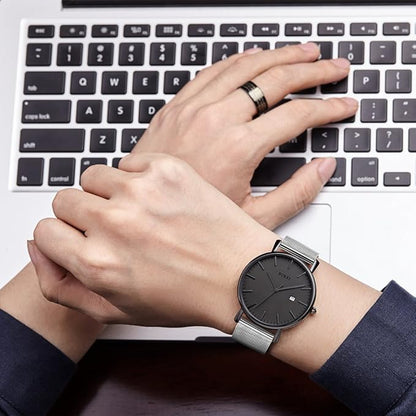 BUREI Men Watches Brown Leather Fashion Minimalist Wrist Watch Simple Ultra Thin Waterproof Quartz Watches All Black Stainless Steel Mesh Band,Gift for Men Women