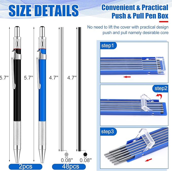 2 Pcs Welders Pencil with 48 PCS Round Refills Mechanical Pencils Metal Welding Marker for Tube Pipe Fitter Welder Steel Construction Woodworking (Sliver, Black)