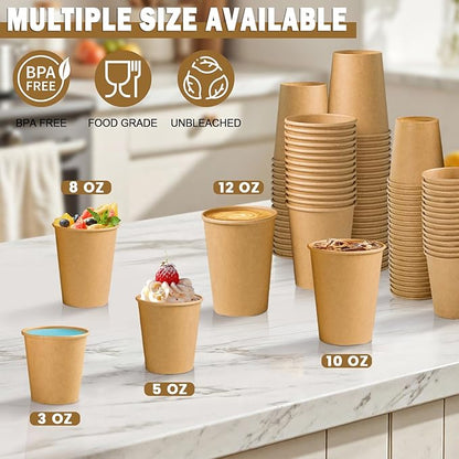 Lamosi 200 Pack 10 oz Kraft Paper Cups, Brown Disposable Paper Coffee Cups, Unbleached Cups for Hot/Cold Beverage Party Home Office