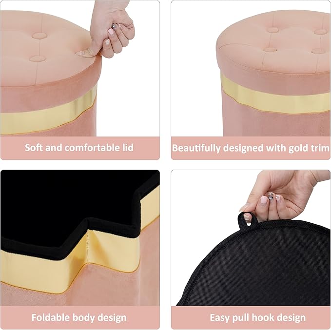 Small Ottoman with Storage,Folding Round Ottoman with Gold Trim,Velvet Storage Stool,Foot Stool with Soft Padded,Foot Rest for Living Room13“x13”x12.4(Pink,1pcs)