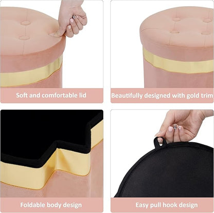 Small Ottoman with Storage,Folding Round Ottoman with Gold Trim,Velvet Storage Stool,Foot Stool with Soft Padded,Foot Rest for Living Room13“x13”x12.4(Pink,2pcs)