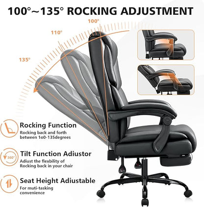 400lbs Office Chair with Foot Rest, Reclining Big and Tall Office Chair with Lumbar Support Spring Cushion, High Back PU Leather Computer Chair,Comfy Desk Chair for Home Office