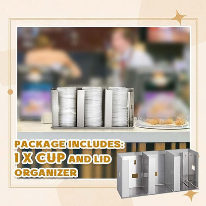 Hicarer 3 Compartments Stainless Steel Cup Dispenser with Adjustable Dividers Silver Cup and Lid Holder Lid Organizer Storage for Cabinet Kitchen Cafe Tea Shop Restaurant, Silver