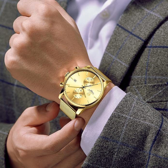 GOLDEN HOUR Mens Watch Fashion Sleek Minimalist Quartz Analog Mesh Stainless Steel Waterproof Chronograph Watches for Men with Auto Date