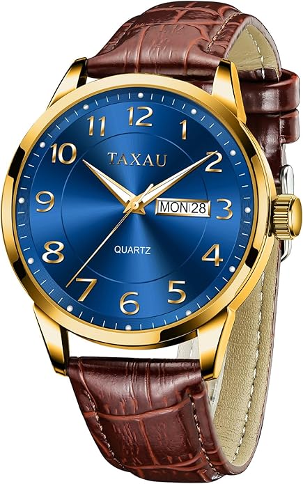 Men's Watch Big Face Easy Read Arabic Numeral Dress Watches for Men Classic Black Brown Leather Band Analog Mens Wrist Watch with Day and Date Fashion Business Waterproof Luminous Quartz Watch