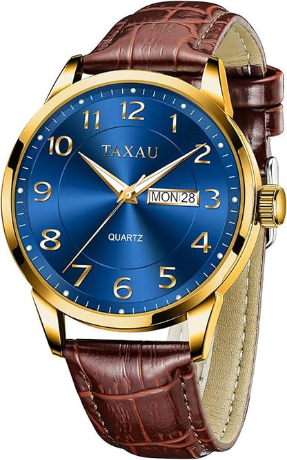 Men's Watch Big Face Easy Read Arabic Numeral Dress Watches for Men Classic Black Brown Leather Band Analog Mens Wrist Watch with Day and Date Fashion Business Waterproof Luminous Quartz Watch