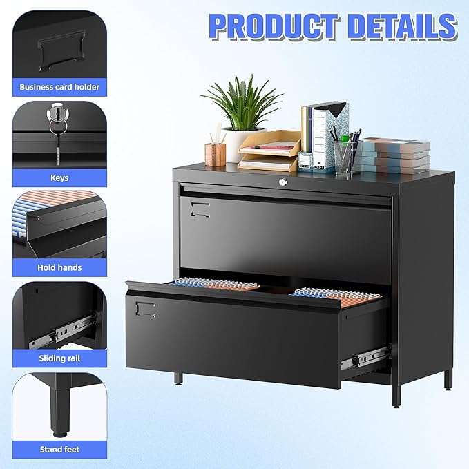 SUXXAN Metal 2 Drawer Lateral File Cabinet with Lock & Adjustable Feet - Wide Filing Cabinet for Letter/Legal/F4/A4 Hanging Files - Includes Business Card Holder,Home Office School Storage,Black