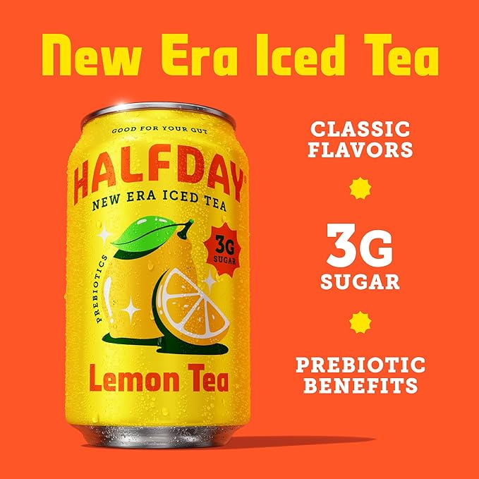 HALFDAY Prebiotic Iced Tea Peach & Lemon Variety Pack, Supports Digestive & Gut Health, 6g Plant Fiber & Prebiotics, 3g of Sugar, 35 Calories, Real Brewed Tea, Natural Caffeine, 12 fl oz (12 pack)